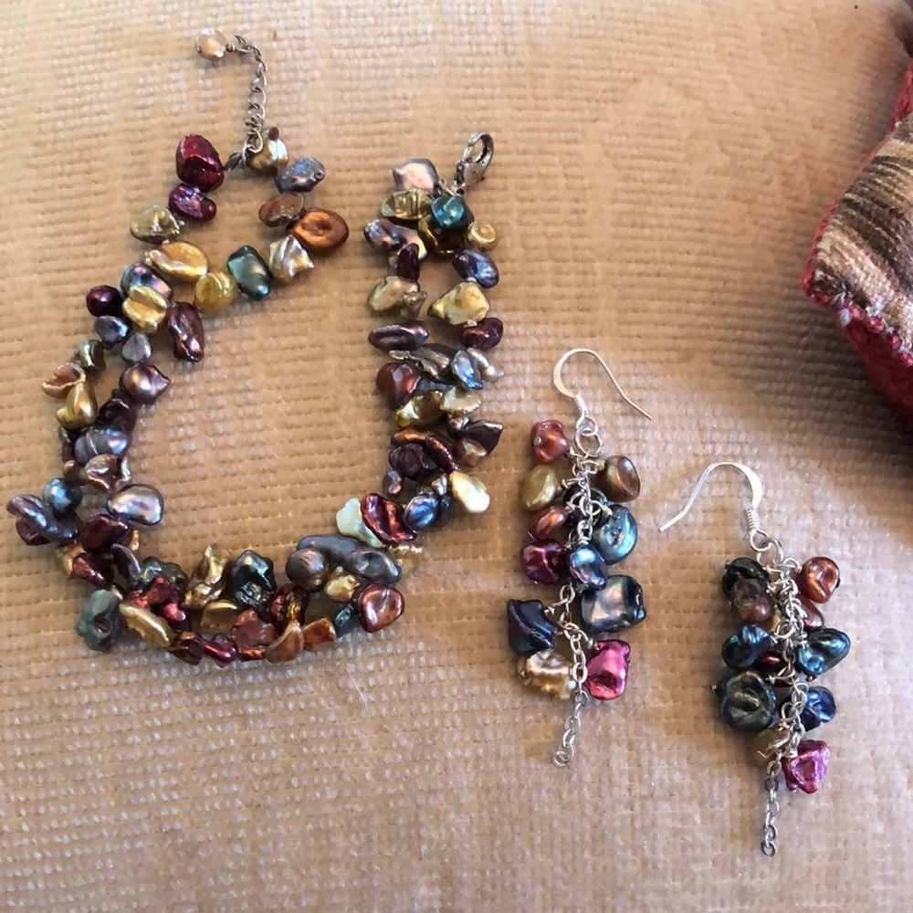 natural genuine freshwater cultured pearl bracelet & earrings set